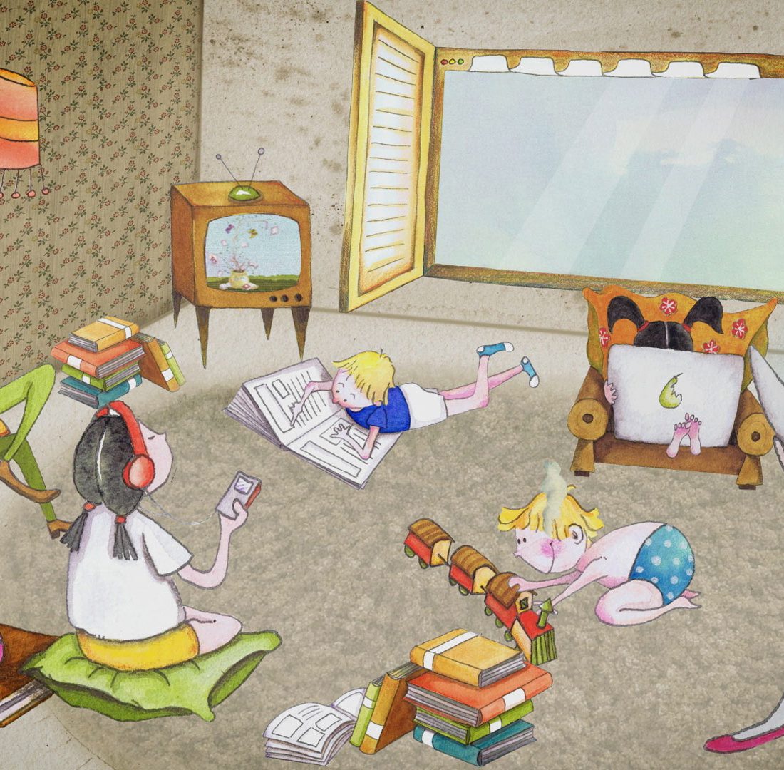 hansmann animation familie sitzt im wohnzimmer